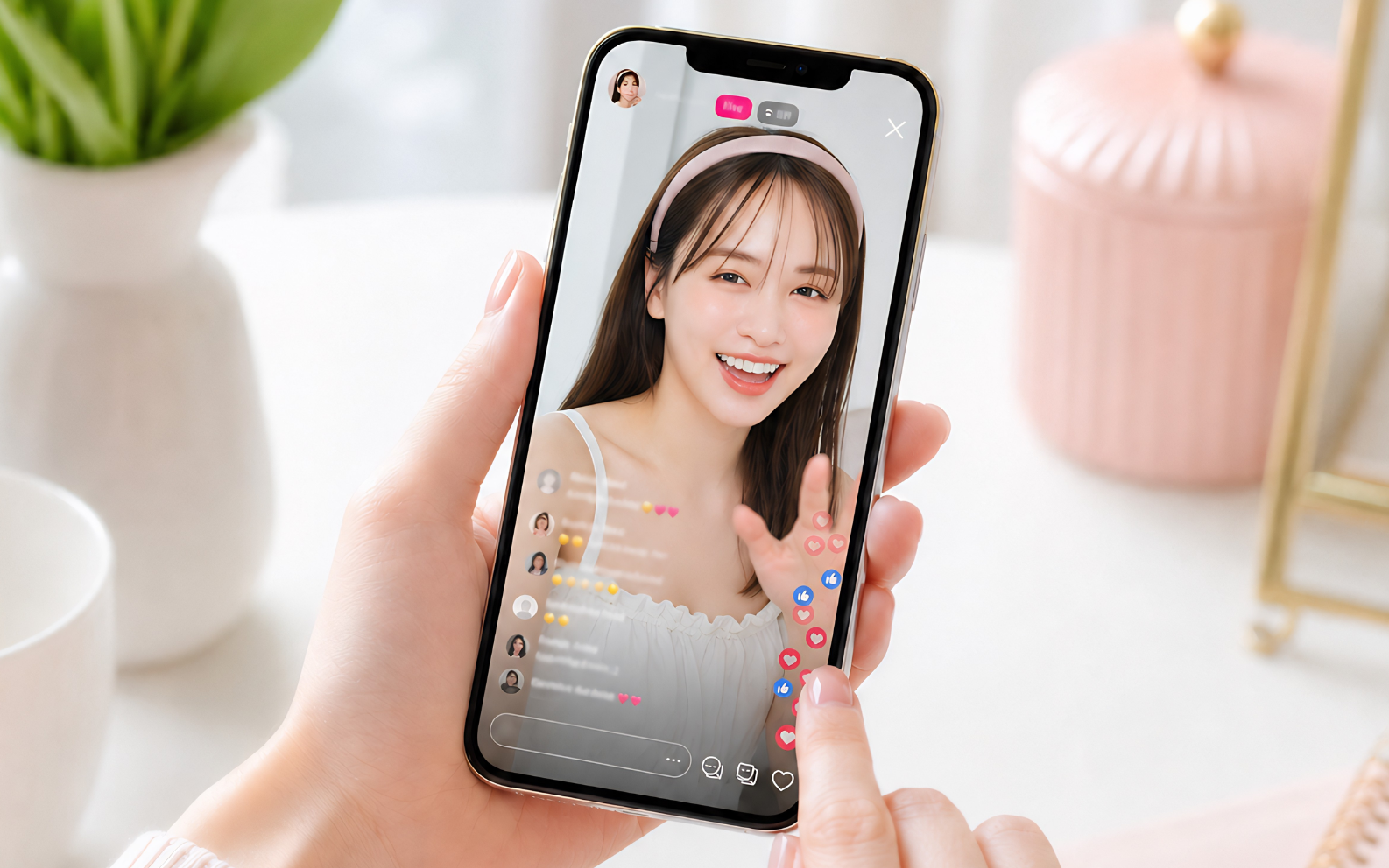 ライブ配信中のスマホ画面に指を置いてコメントに返信しようとしている手元