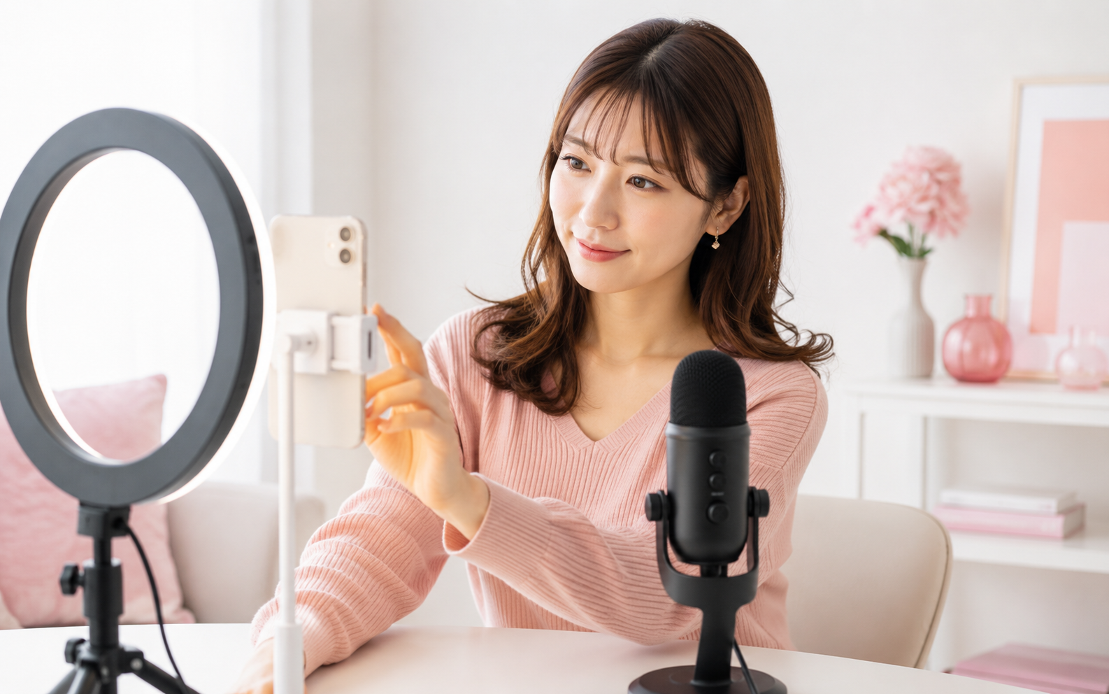 スマホスタンドに設置したスマホでライブ配信をする女性の手元